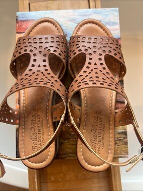 Bella Vita Brown Laser-Cut Leather Slingback Sandals